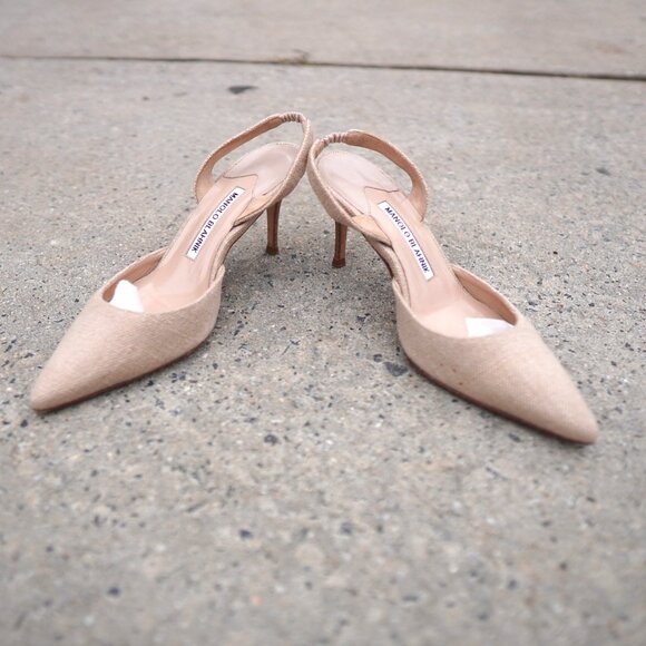 Manolo Blahnik Slingback Mules IT 36.5 Beige Linen Heel SATC Carrie Bradshaw - Picture 3 of 9